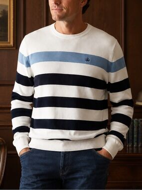 Brooks Brothers 346 Striped 100% Cotton Crewneck Sweater | Large Classic Preppy